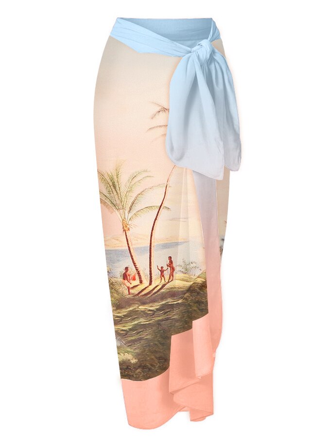 Palm Trees Puff Sleeve High Waisted Swimsuit Set