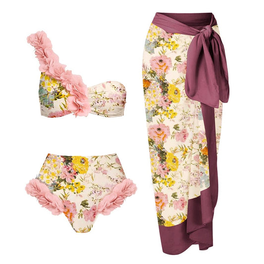 Floral Petal Trim One Shoulder Swimwear Set
