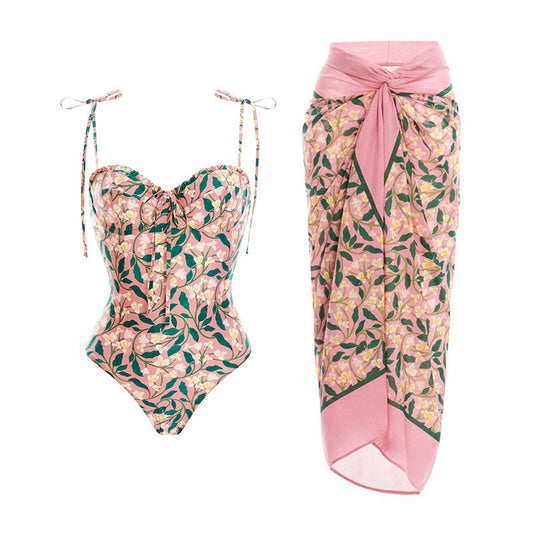 Floral Print Bow One Piece Swimsuit Skirt Set