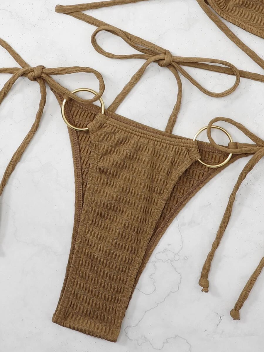 Textured Ring High Cut Tied Side Bikini Set
