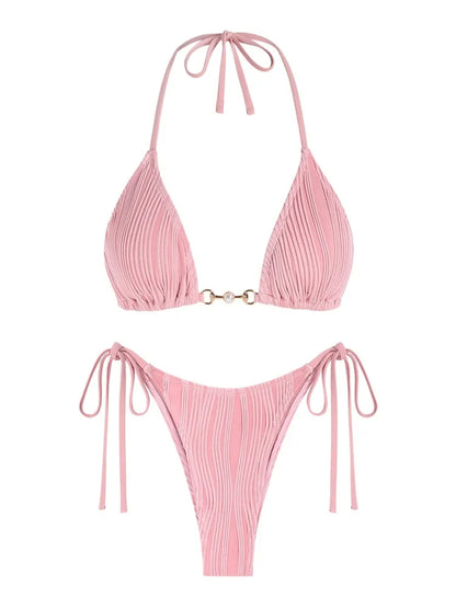 Textured Halter Bikini Set with Cheeky Tie-Side Bottom