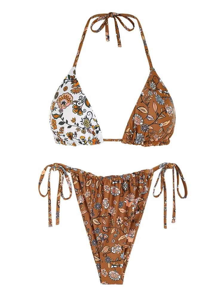 Floral Print Halter Top String Bikini Set