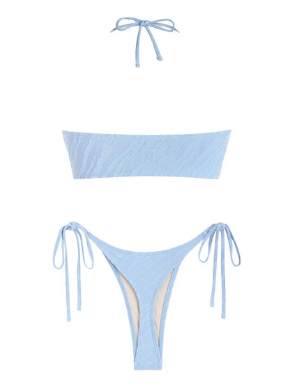 Textured Criss Cross Halter Thong Bikini Set