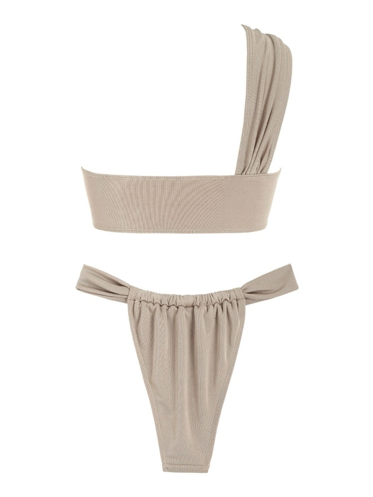 One Shoulder Shimmer Knot High Waisted Bikini Set