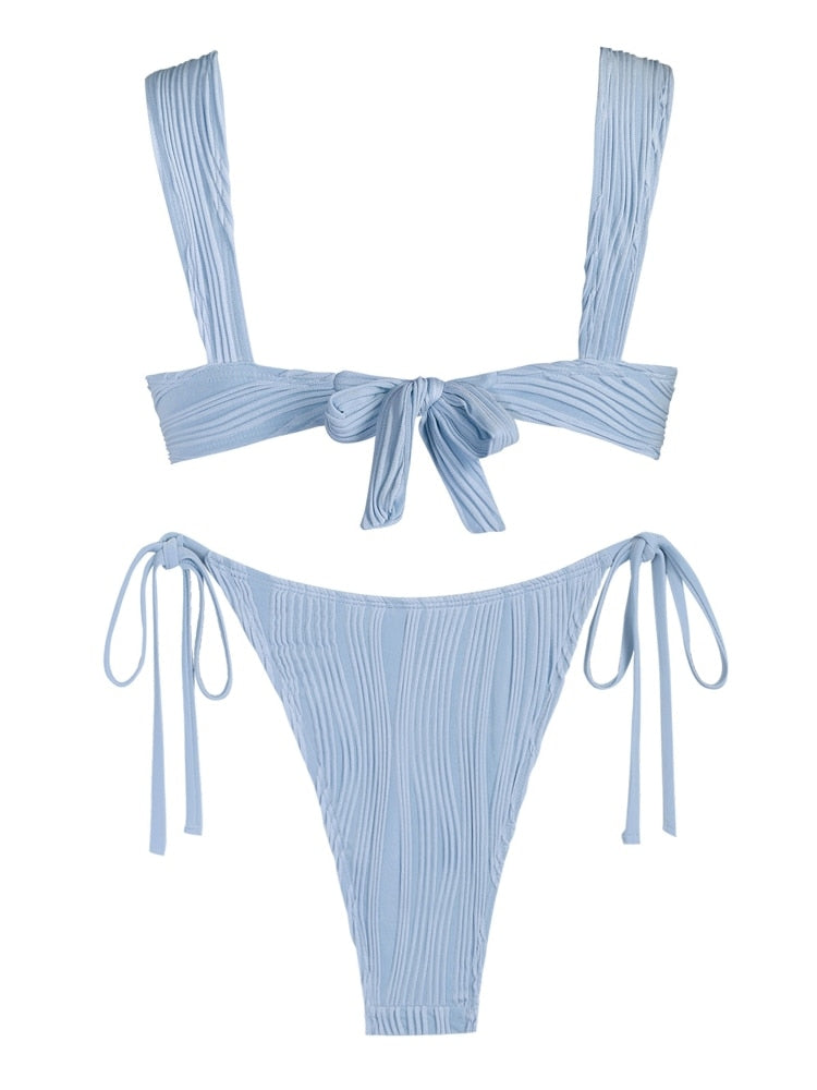 Textured Lace Up Tie Side Bikini Set