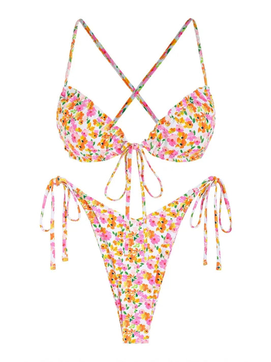 Ditsy Floral Bikini Set with Printed Frilled Tie Side