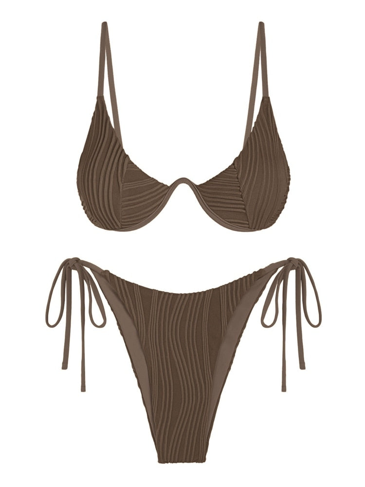 Ribbed Tie Side Underwire Push Up Bikini Set