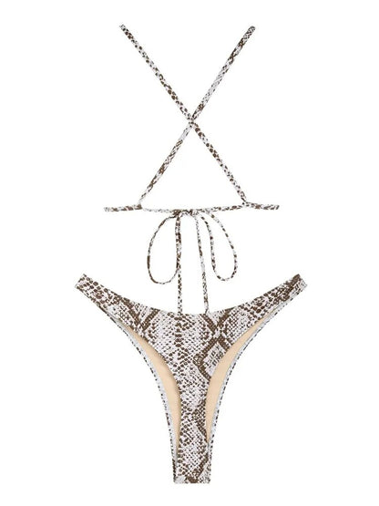 Animal Snake Print Charm Triangle Thong Bikini Set