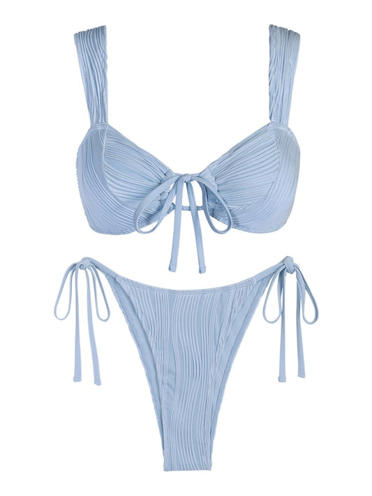 Textured Lace Up Tie Side Bikini Set