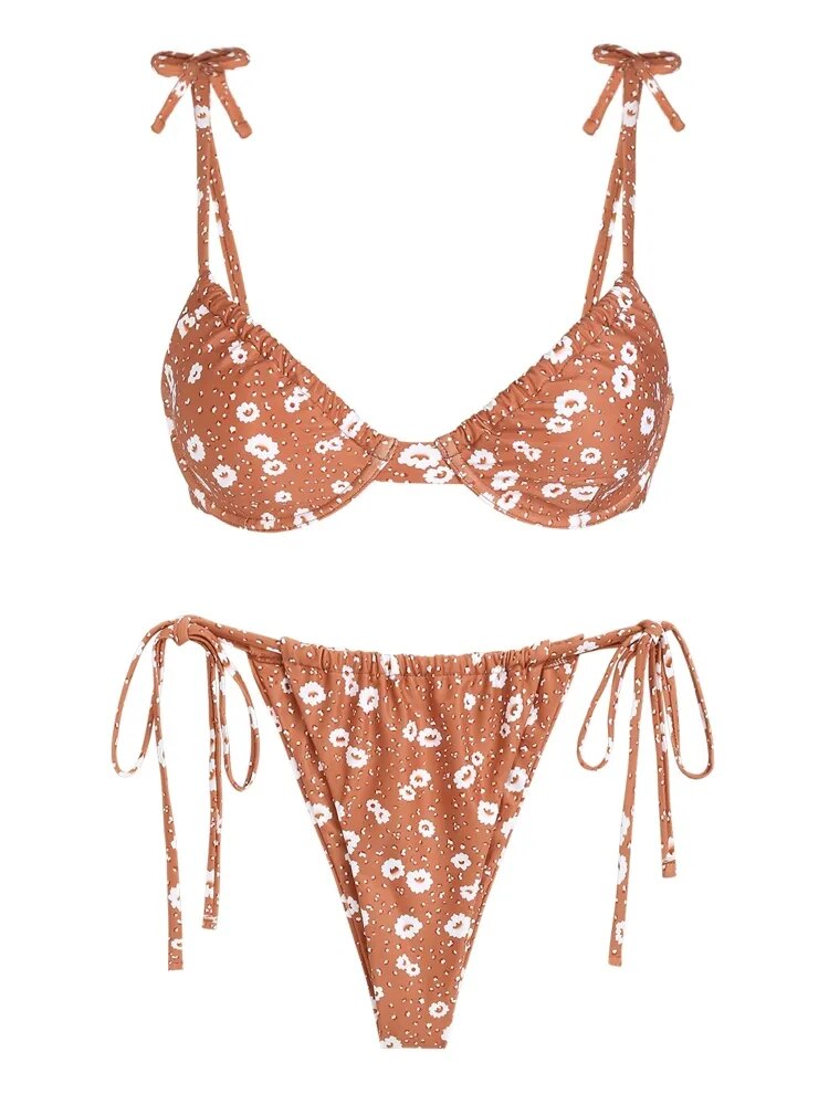 Ditsy Floral Bikini Set with Frilled Tie-Side