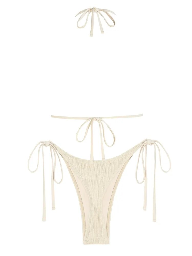 Textured Knit Halter Thong Bikini Set